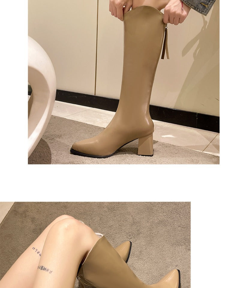 Women's Chunky Heel Pointed Toe Mid-Calf Boots - Fashion Winter Boots with Back Zipper