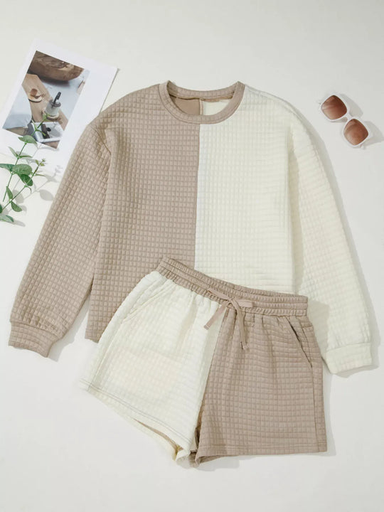Another view: Color Block Patchwork Textured Long-Sleeve Top and Short Lounge Set