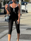 Black contrast-lace tie-front capri jumpsuit