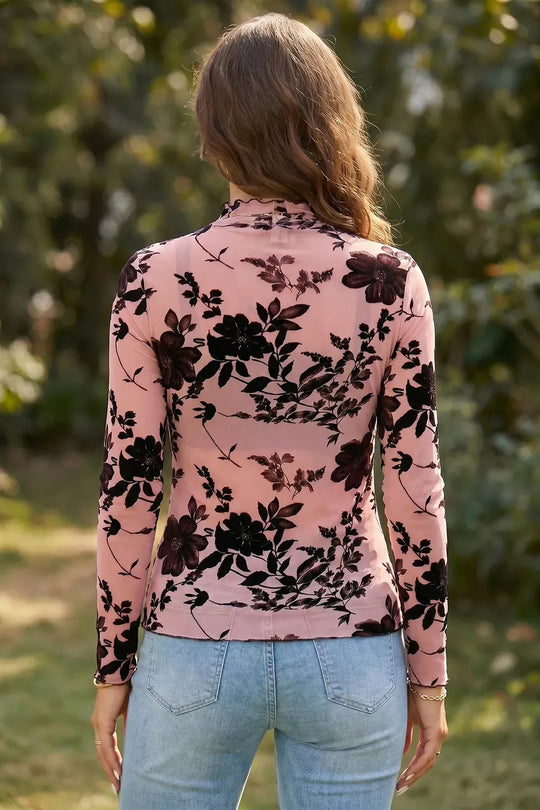 Another view: Floral Mesh Long-Sleeve Pullover Blouse — Dusty Pink