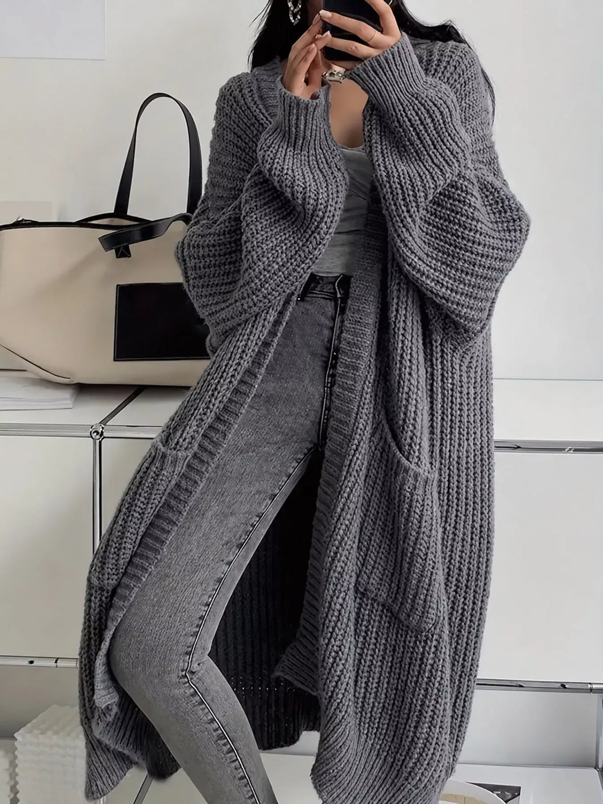 Oversized Openwork Longline Cardigan with Pockets — photo 64