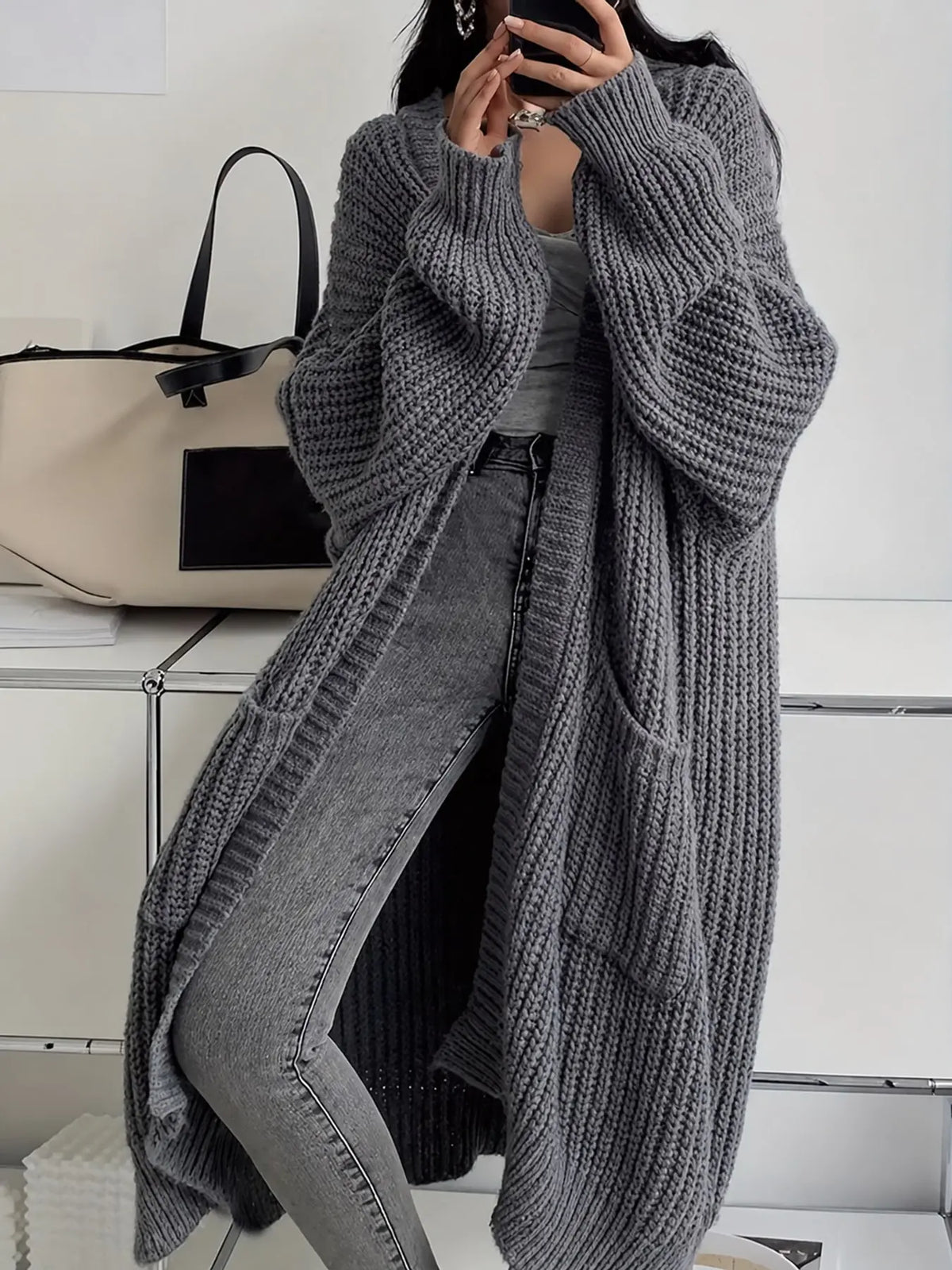 Oversized Openwork Longline Cardigan with Pockets — photo 83