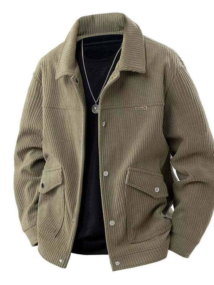 Sage corduroy utility overshirt jacket with flap pockets.