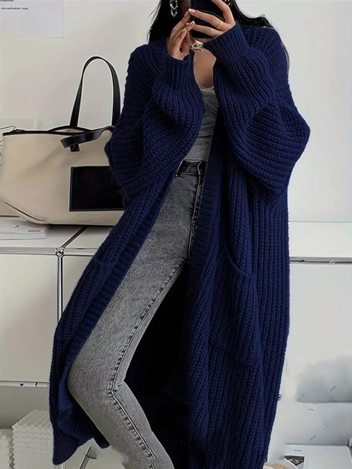Oversized Openwork Longline Cardigan with Pockets — photo 28