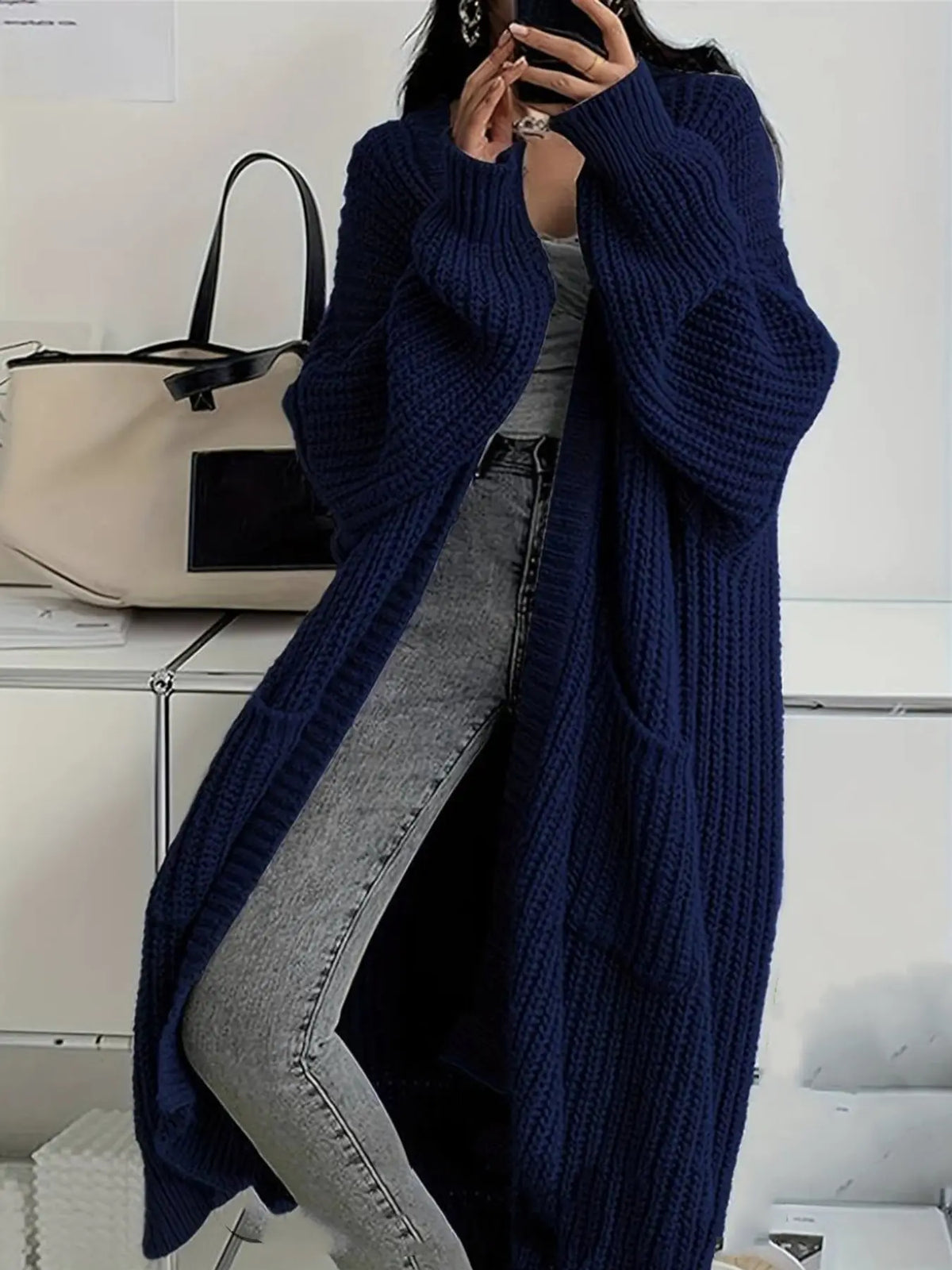 Oversized Openwork Longline Cardigan with Pockets — photo 78