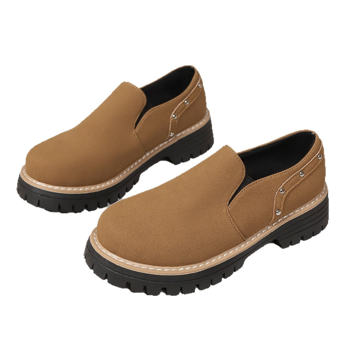 Women's Rivet Slip-On Chunky Heel Casual Shoes – PU Leather Low-Top British Style