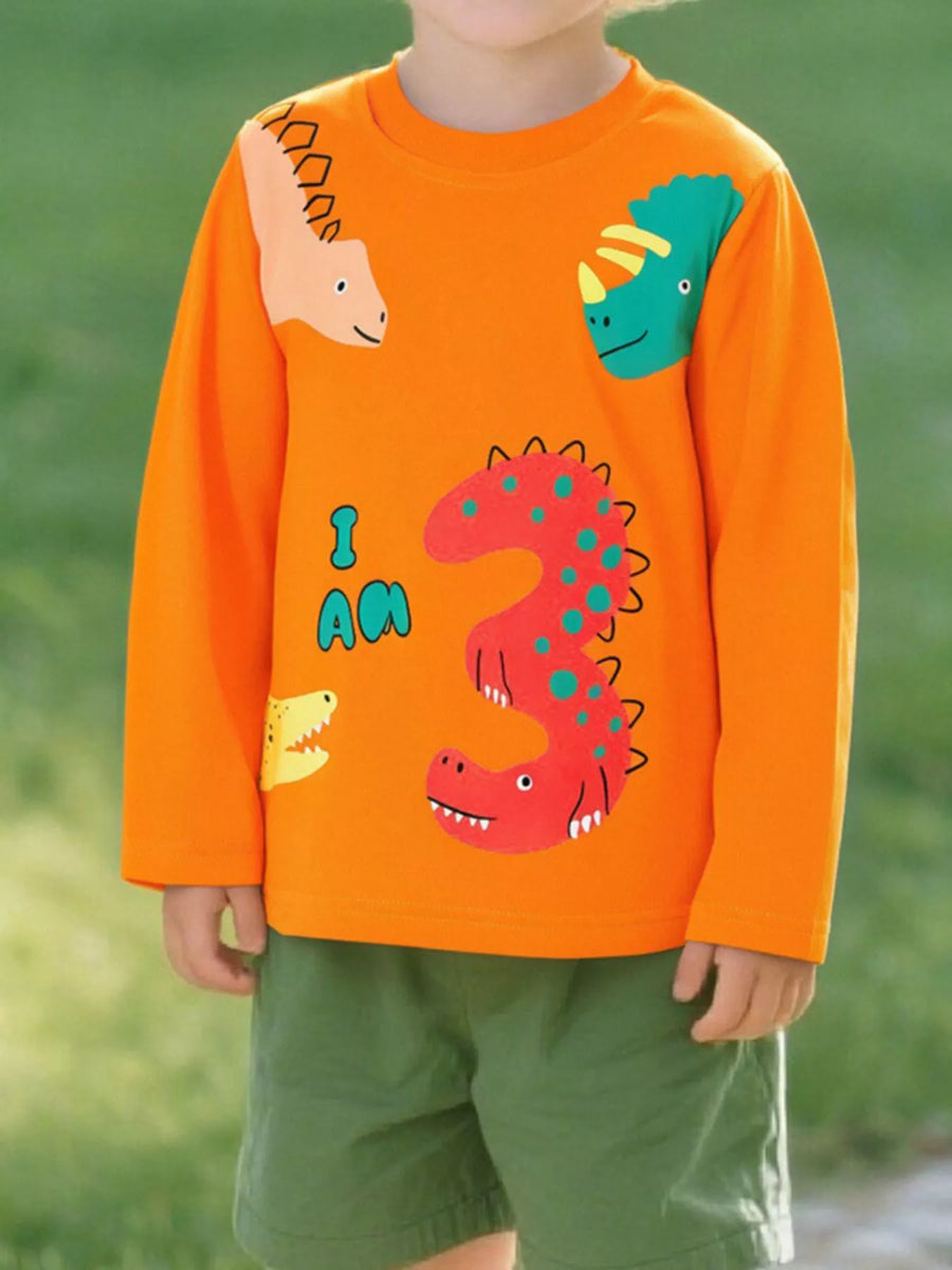 Kids’ Dinosaur-Print Long-Sleeve Cotton T-Shirt — Tangerine