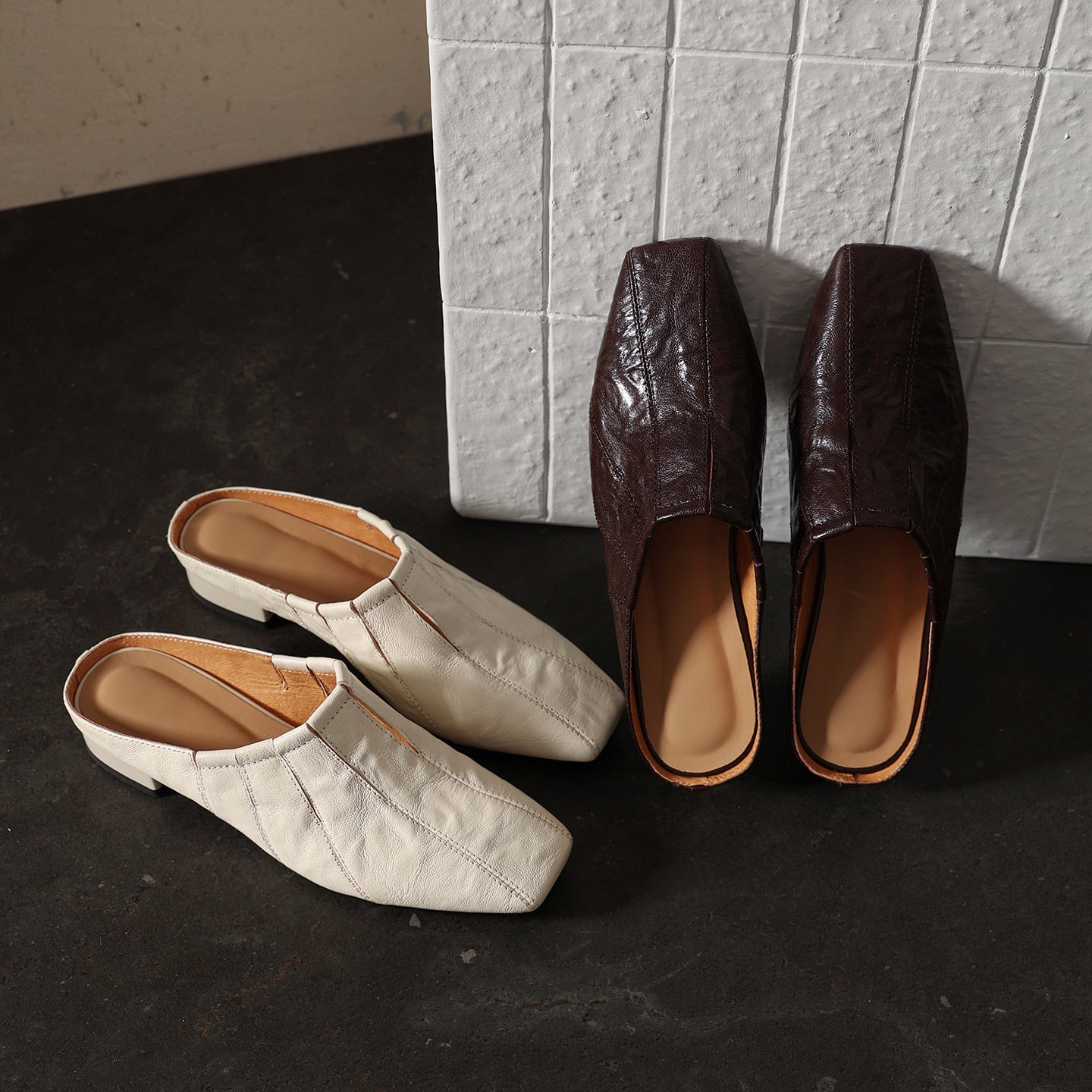 Women's Washed Cowhide Square-Toe Mules | Low Block Heel Backless Shoes