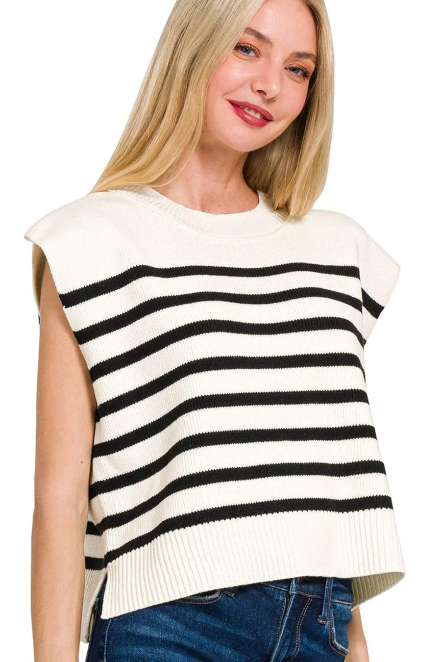 Oversized Crew Neck Stripe Sweater Vest — Black