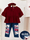 Burgundy baby ruffle-sleeve top and floral-patch pants set