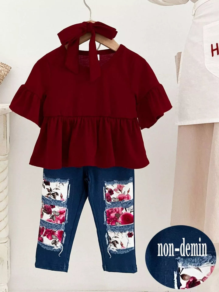Burgundy baby ruffle-sleeve top and floral-patch pants set