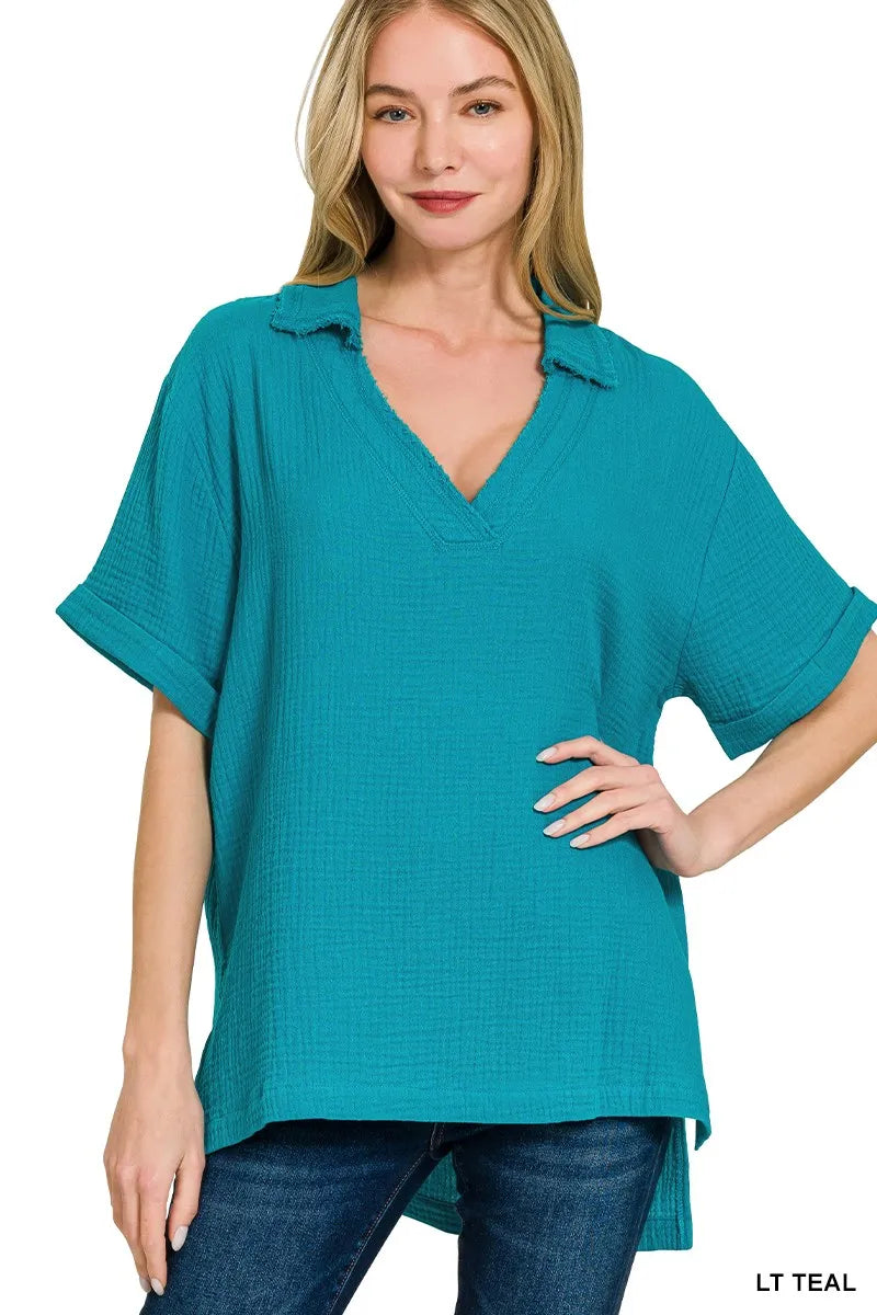 Double Gauze Short Sleeve High-Low Top