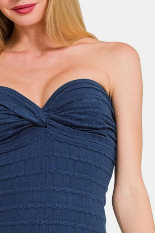 Another view: Ruched Twisted Sweetheart Neck Top — Lt Navy