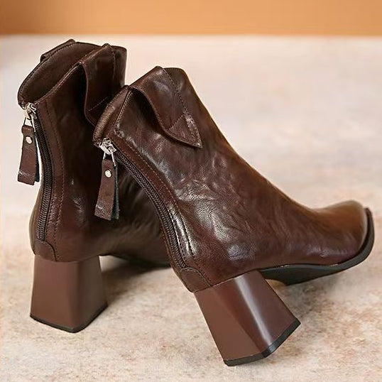 Women's Retro Chunky Heel Ankle Boots – Pointed Toe Side Zipper | Microfiber Leather | All-Season