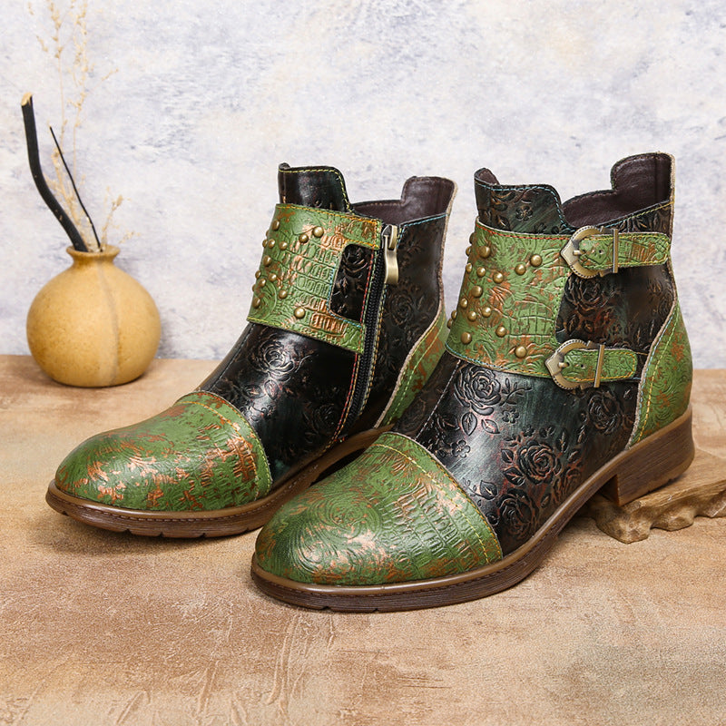 Women's Ethnic Rivet Buckle Boots - Cowhide Leather Fashion Ankle Boots with Side Zipper