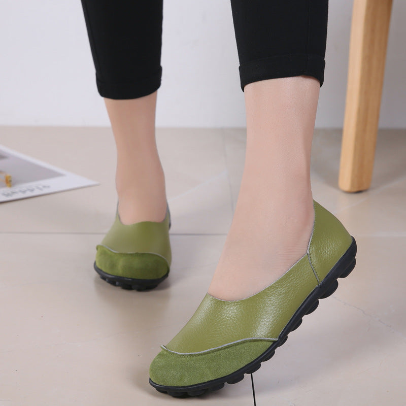 Women's Korean Casual Slip-On Loafers | Low Heel Round Toe Leather Shoes