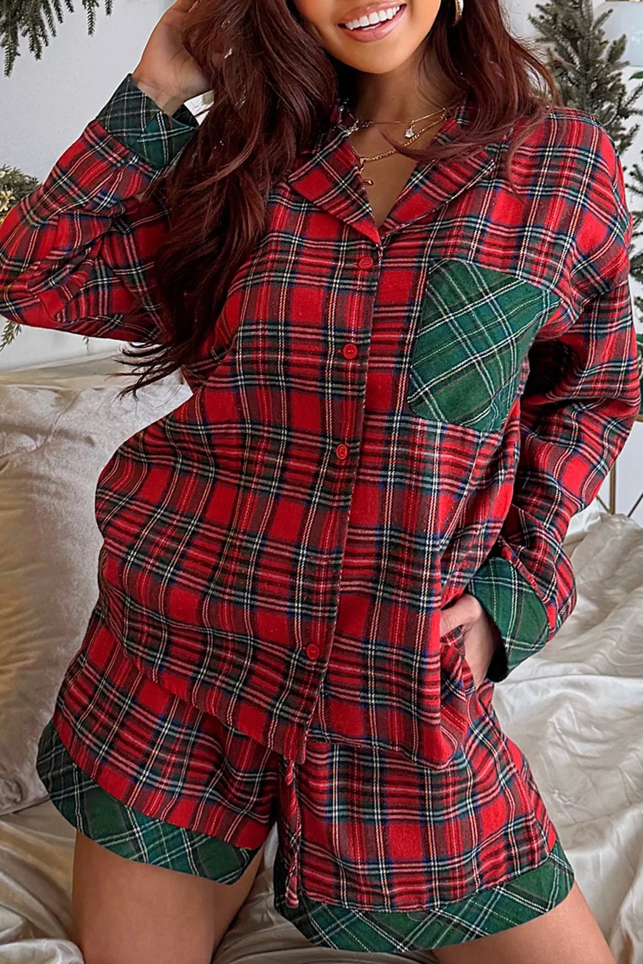 Plaid Contrast Patched Christmas Holiday Long-Sleeve Shirt and Short 2pcs Pajama Set