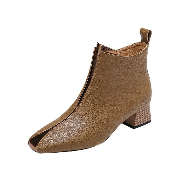Women's Retro Square-Toe Sheepskin Ankle Boots | Chunky Heel Side-Zip