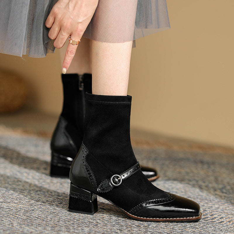 Women's Square Toe Chunky Heel Boots – Vintage Style Side Zipper | Black & Khaki