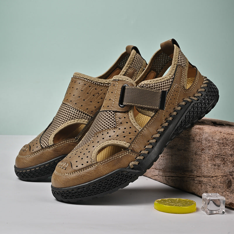Men's Breathable Leather Mesh Closed-Toe Sandals with Velcro Strap - Genuine Leather & Rubber Sole