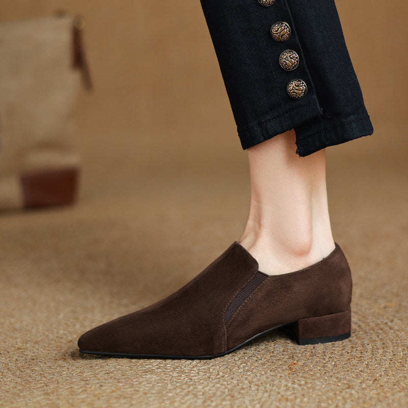 Women's Suede-Texture Pointed-Toe Low Chunky-Heel Slip-On Shoes | Black & Brown