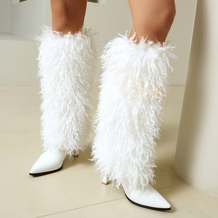 Women's Fuzzy High Heel Booties - Pointed Toe Stiletto Ankle Boots