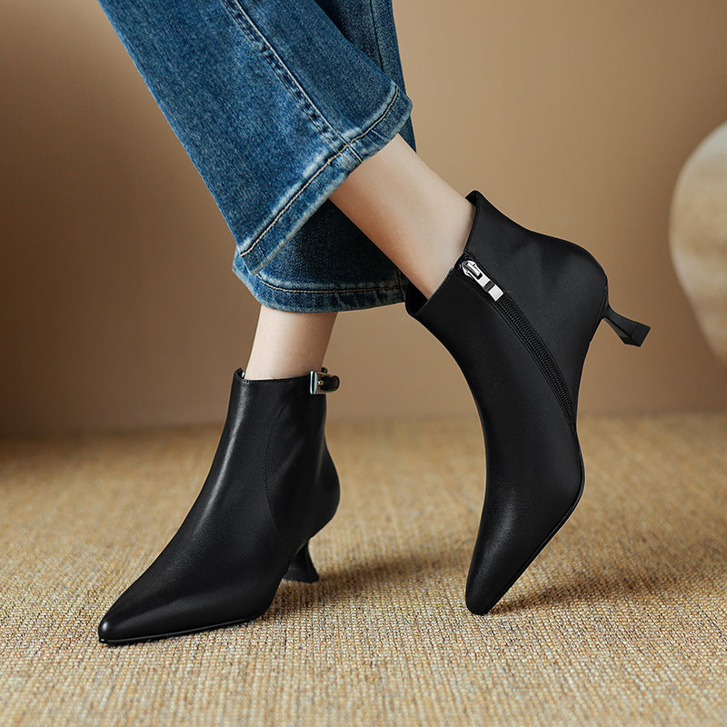 Women's Pointed-Toe High-Heel Ankle Boots - Leather Stiletto Boots with Buckle Strap & Side Zipper