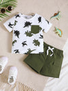 Army-green baby dinosaur-print T-shirt and shorts set