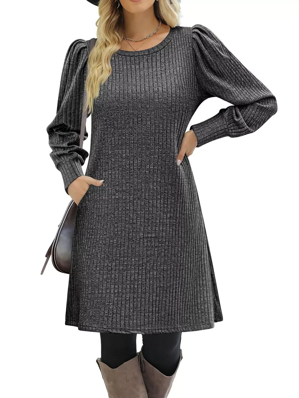 Puff-Sleeve Ribbed Knit Dress with Pockets — photo 3