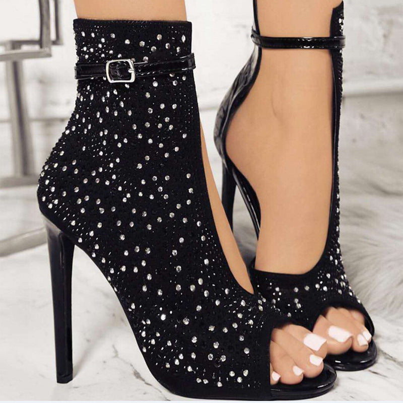 Rhinestone Buckle Sandals - Low Heel Suede Women's Shoes Black