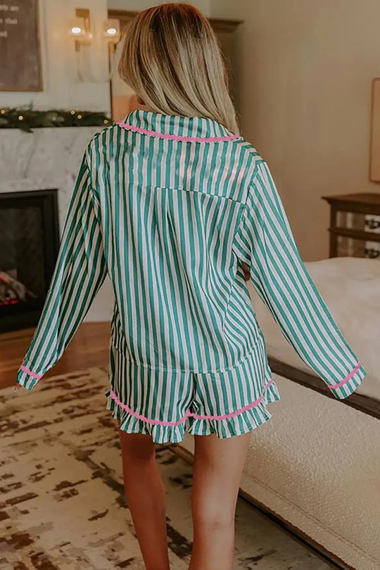 Another view: Stripe Contrast Ricrac Trim Long-Sleeve Shirt Drawstring Ruffled Pajama Short Set