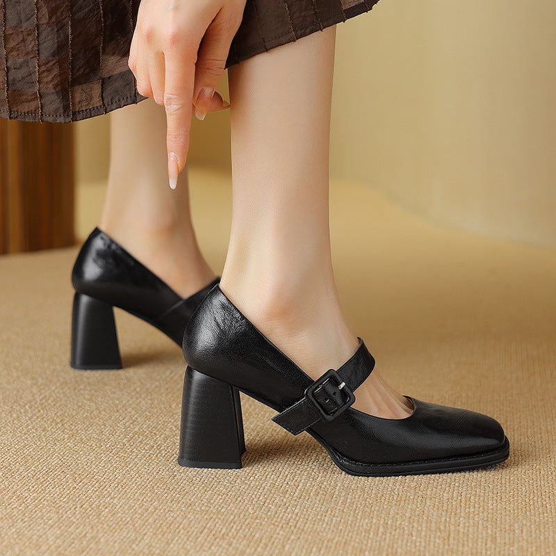 Women's Sheepskin Mary Jane Heels – Chunky Heel Buckle Strap Square Toe Shoes