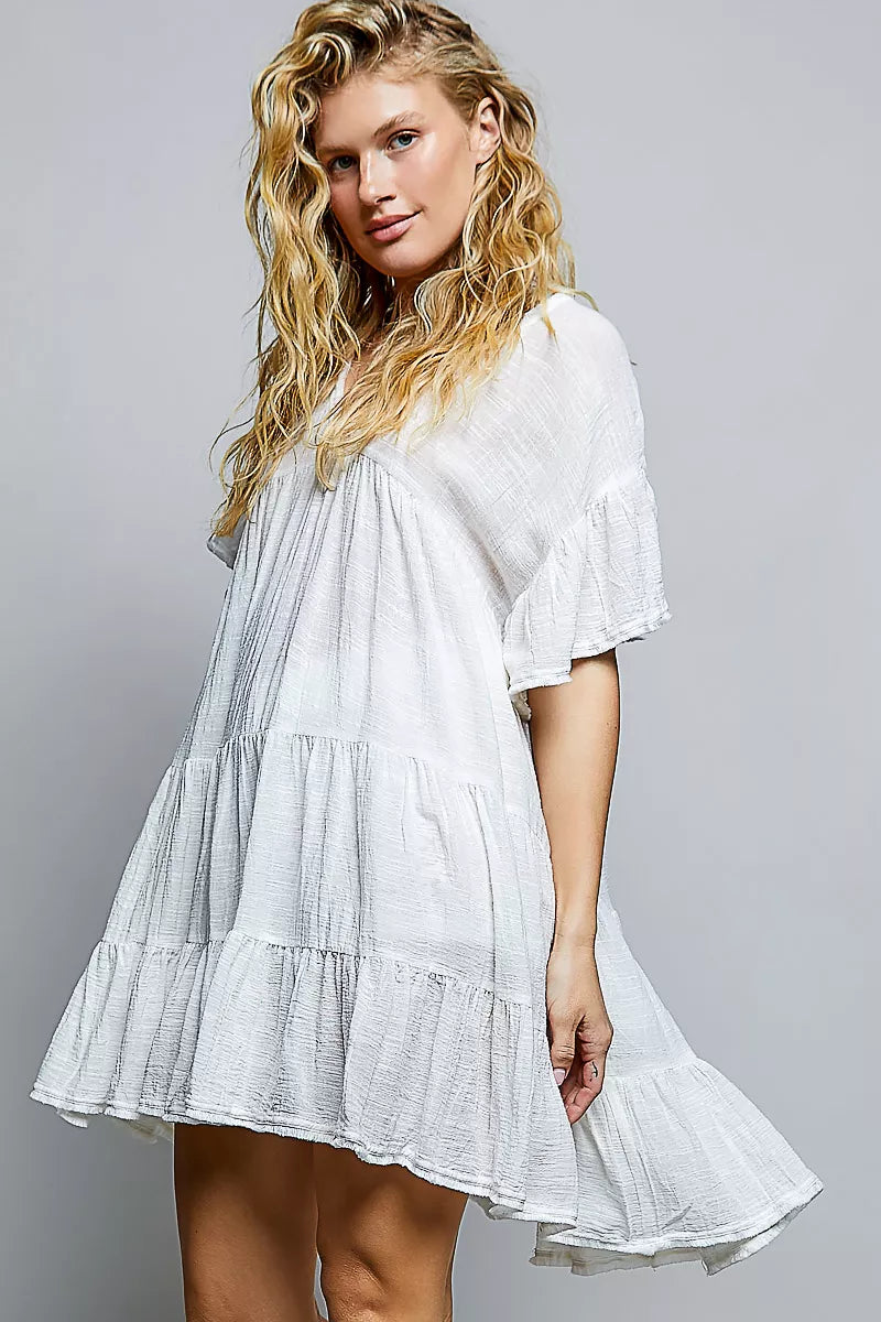 POL Ivory Ruffle V-Neck Cotton Dress