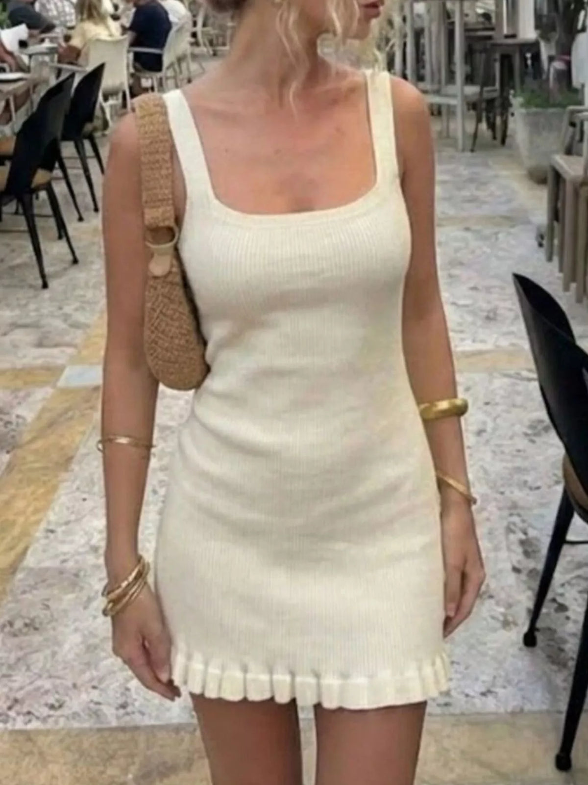 Ribbed Square-Neck Knit Mini Dress