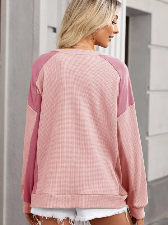 Another view: Colorblock Waffle High-Low Raglan Sweatshirt — Blush Pink