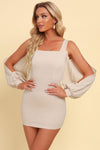 Square-neck split-sleeve fitted mini dress