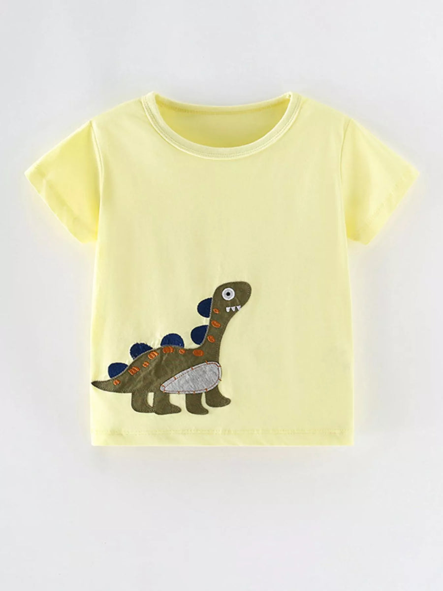 Kids’ Dinosaur Appliqué Cotton T-Shirt — Light Yellow