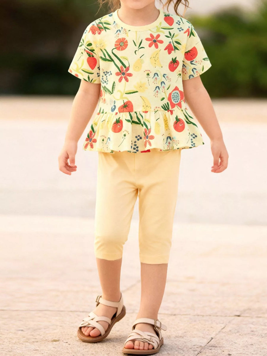 Girls' Floral Ruffle Top & Capri Leggings Set – Yellow