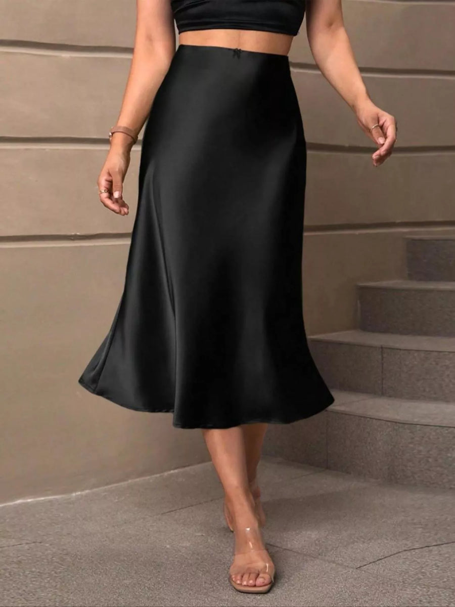 Black Satin Midi Skirt