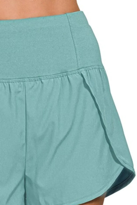 Another view: High Waisted Zippered Back Pocket Running Shorts — Dusty Teal