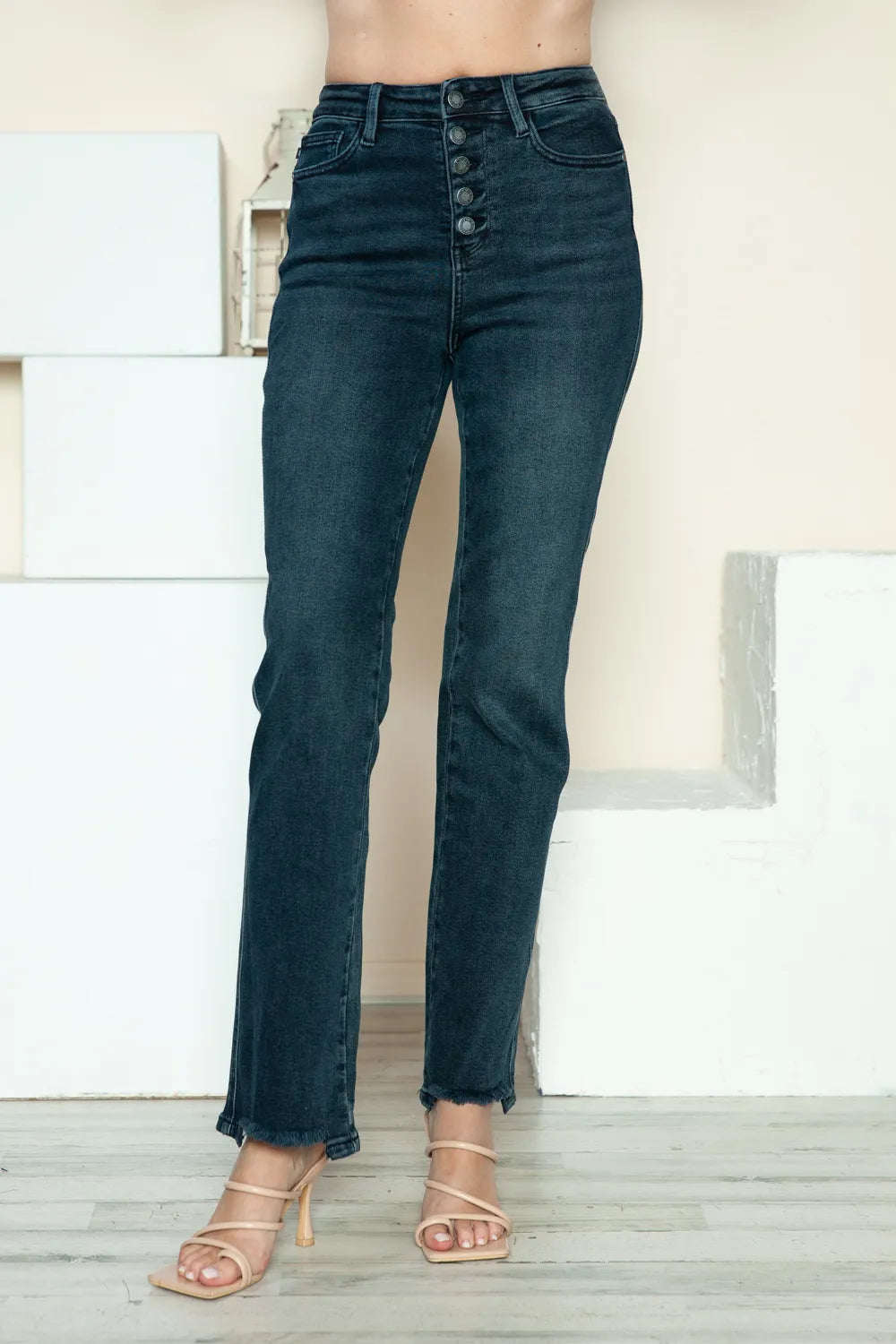 Judy Blue Sloane Button Fly Distressed-Hem Straight Jeans