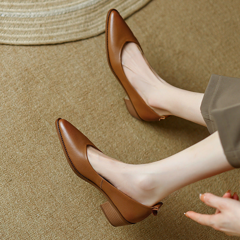 Women's Sheepskin Chunky Heel Slip-On Shoes | Pointed Toe Low Heels