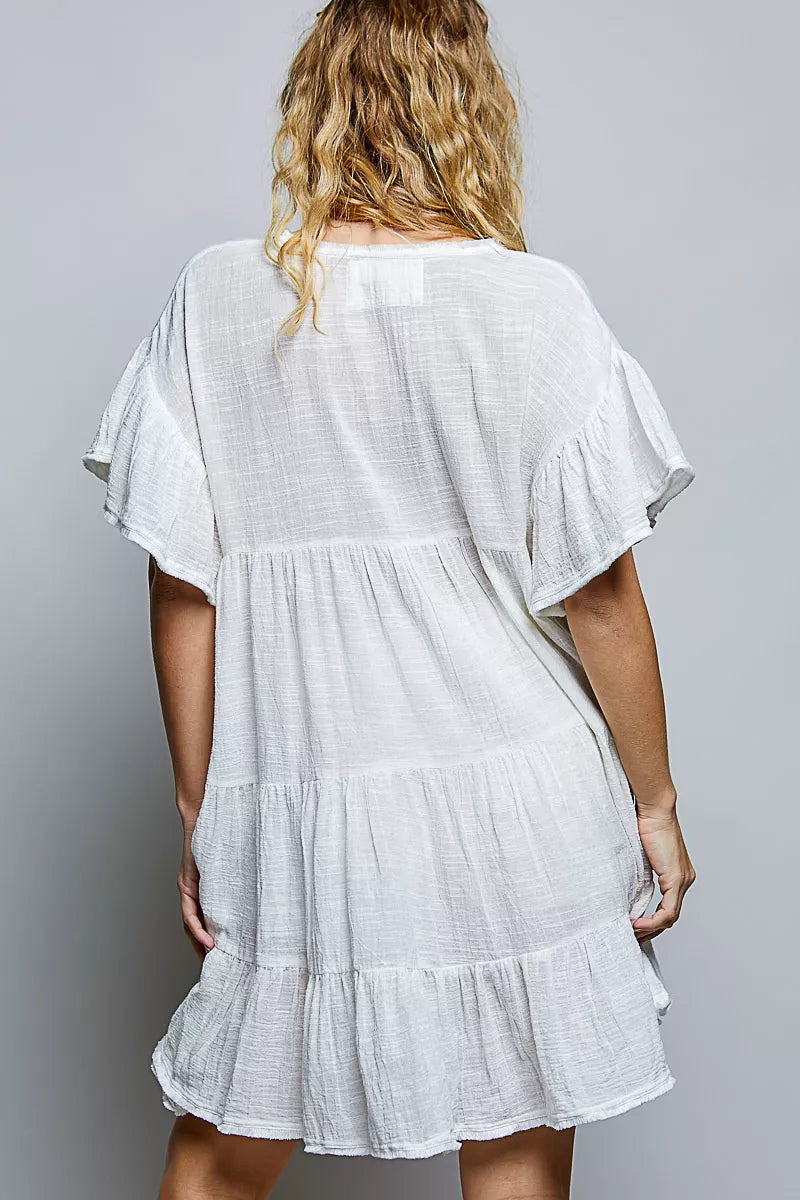 POL Ivory Ruffle V-Neck Cotton Dress