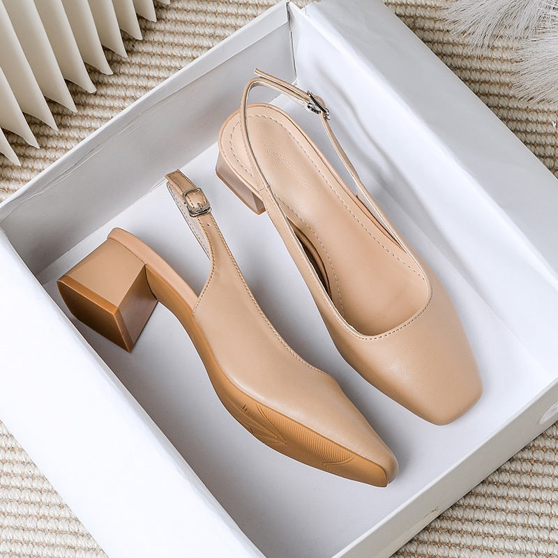 Women's Square Toe Chunky Heel Sandals | Genuine Leather Buckle Closure | Mid Heel Summer Shoes