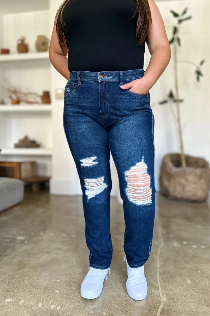 Judy Blue Sutton high-rise distressed straight jeans in dark wash