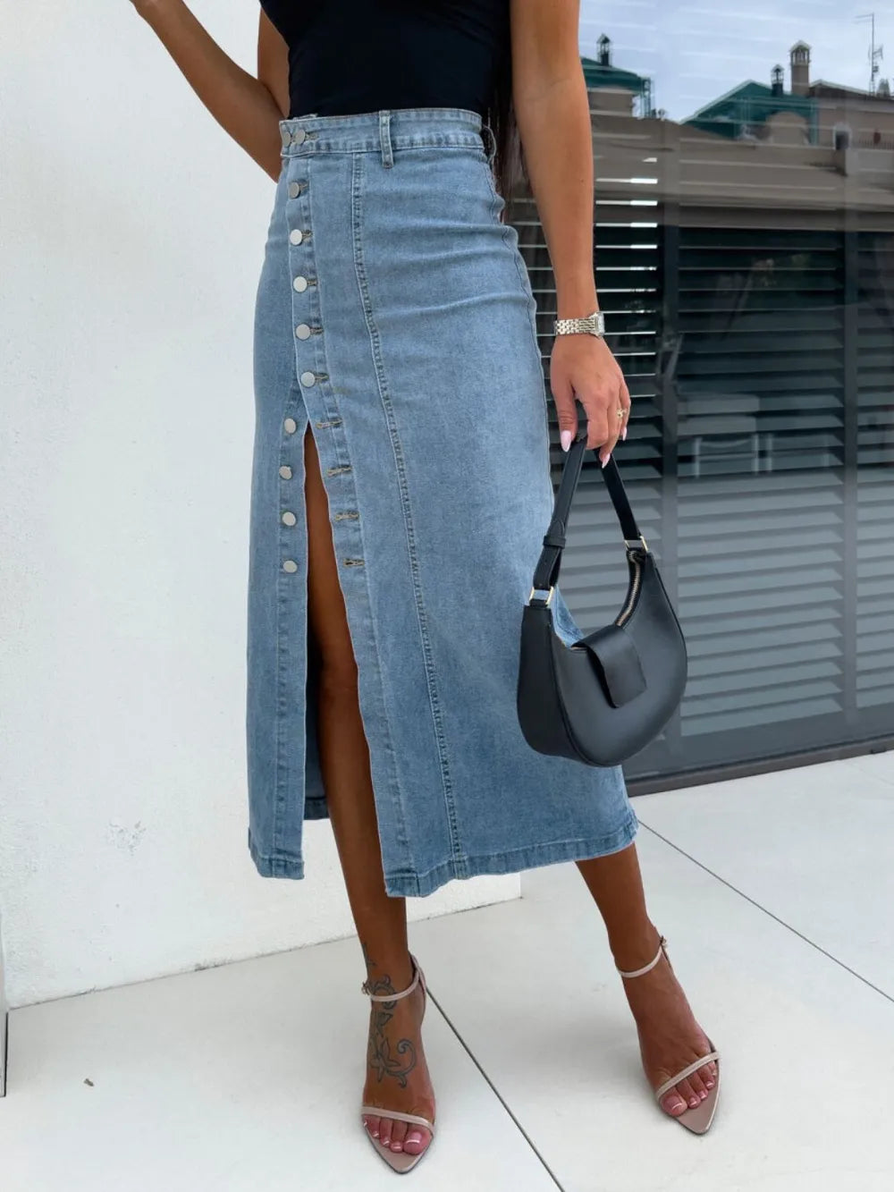 Women's Front-Button Slit Midi Denim Skirt