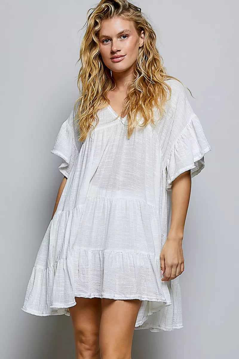 POL Ivory Ruffle V-Neck Cotton Dress