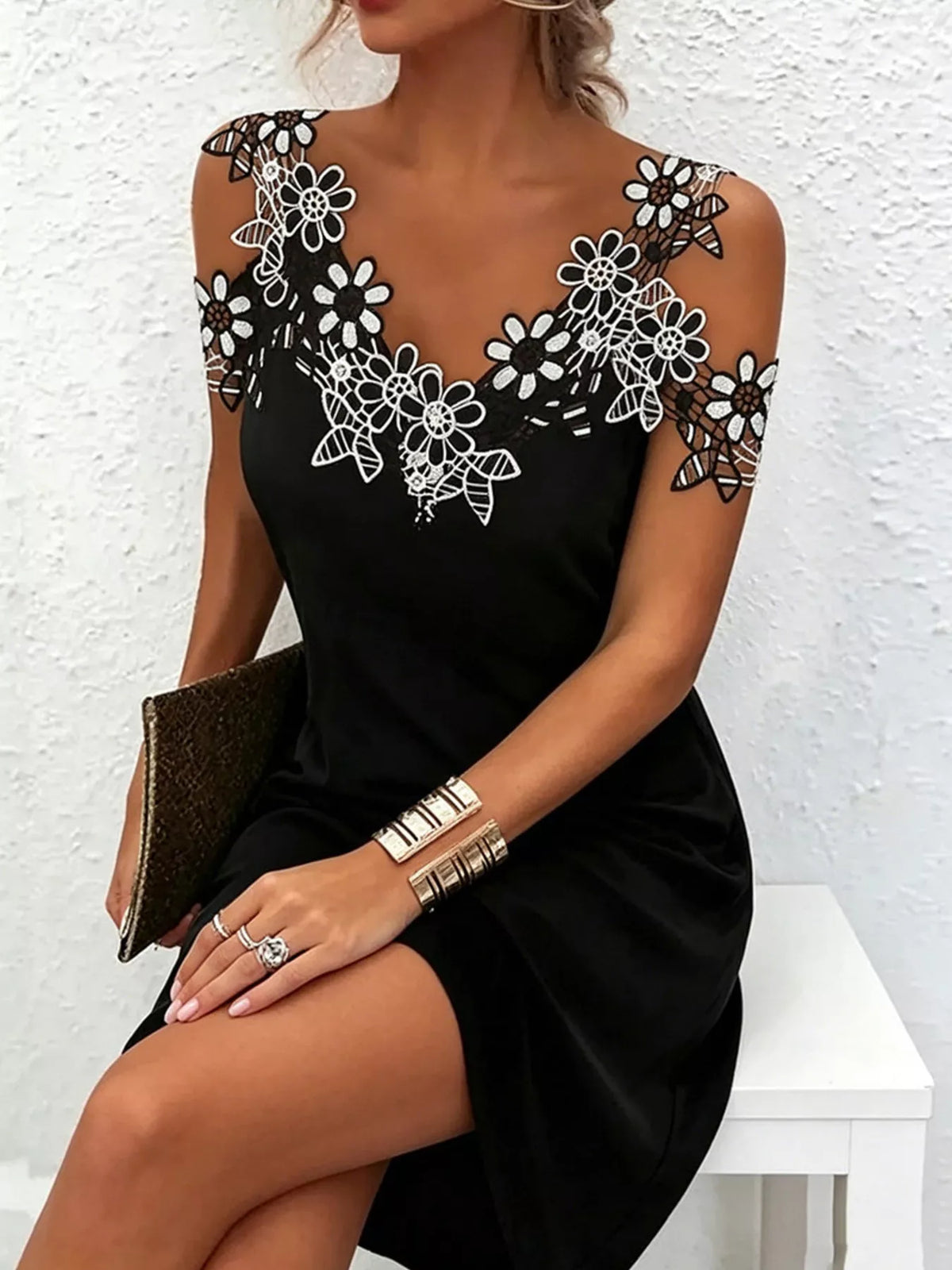 Floral Lace-Trim Cold-Shoulder Mini Dress