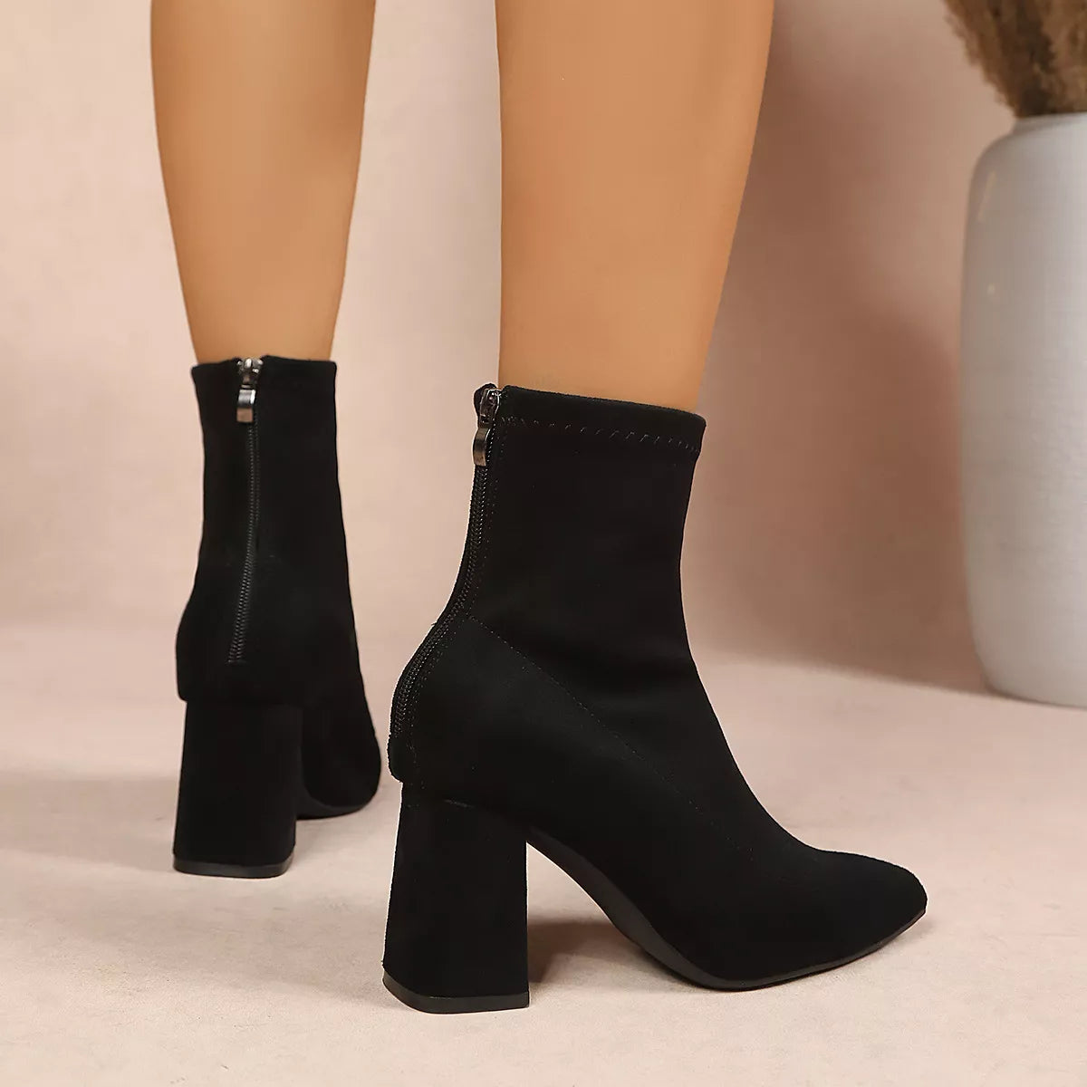 Pointed-Toe Block-Heel Ankle Boots