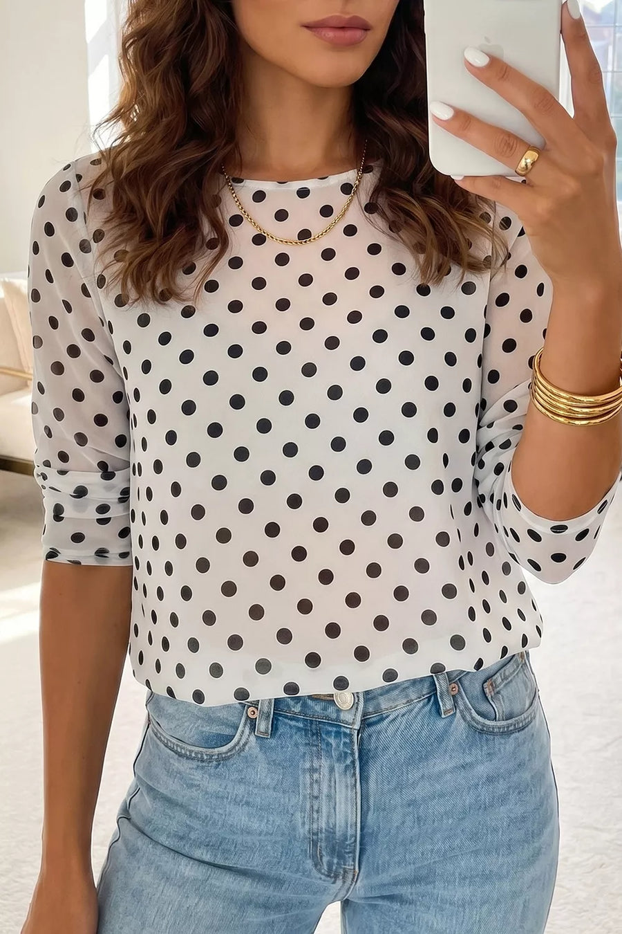 Polka-Dot Mesh Long-Sleeve Top — White